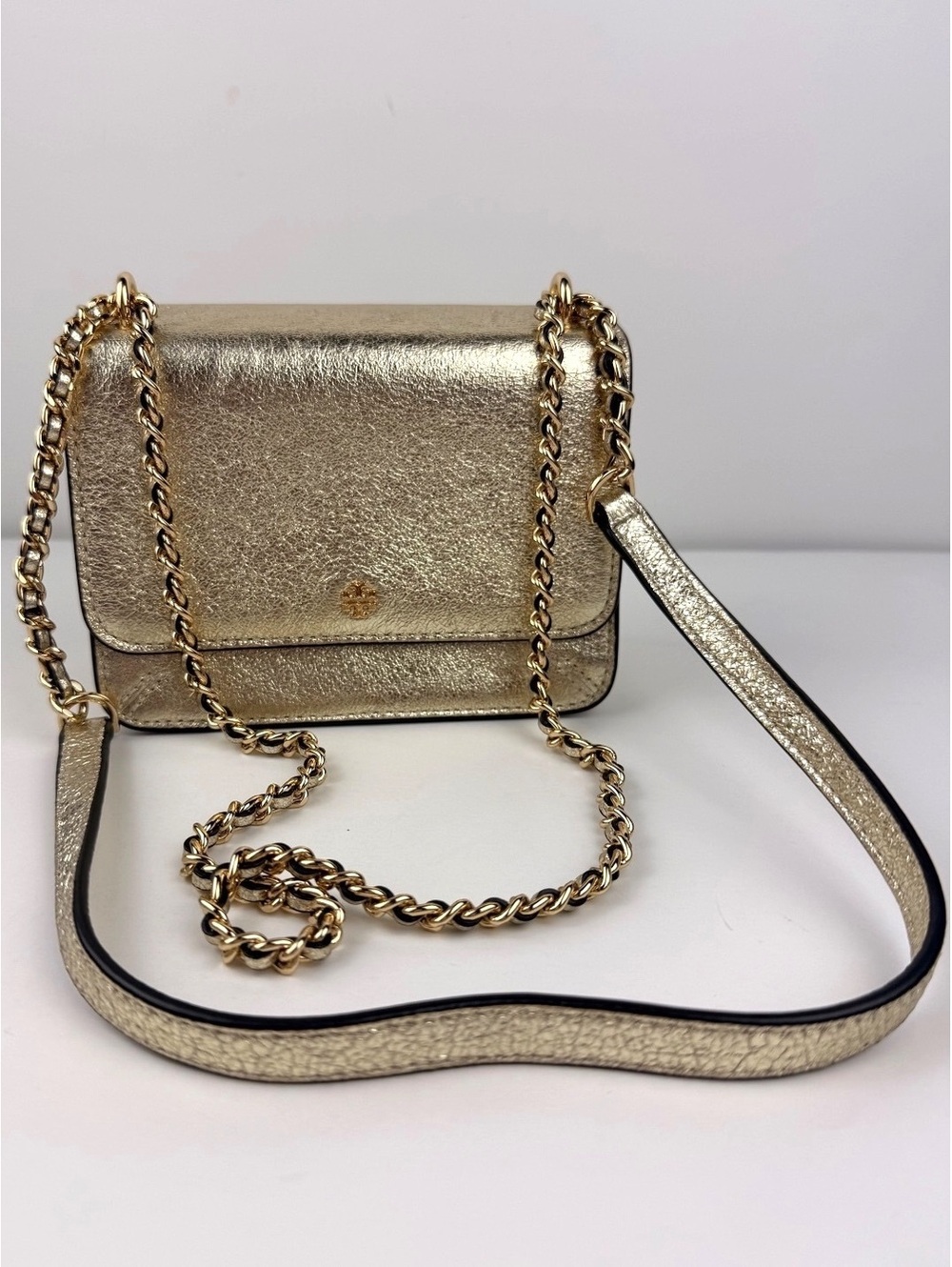 Tory Burch NWT Crinkle Metallic Mini Shoulder Bag Spark Gold 35629 Storage Marks